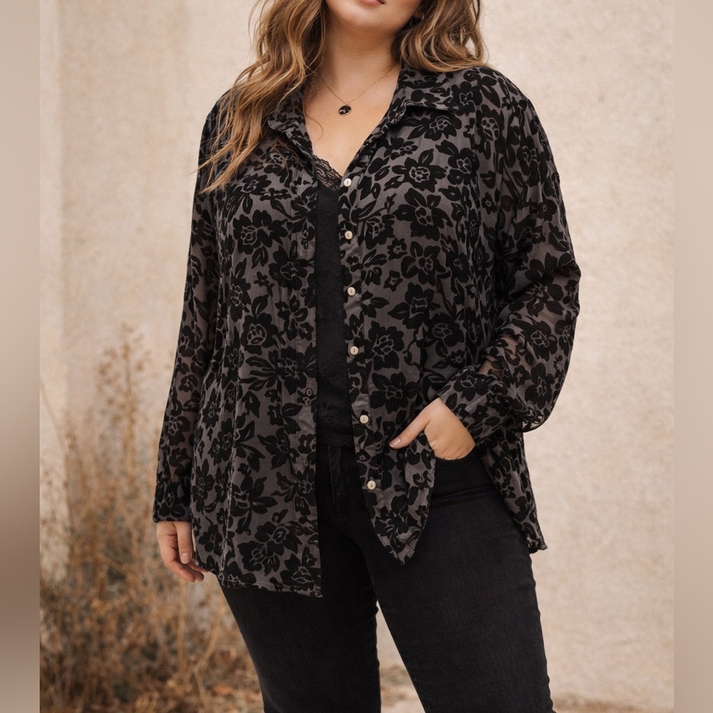 Suchada Burnout Velvet Floral Blouse 2X | Sheer Boho Y2K Top‎ Whimsygoth